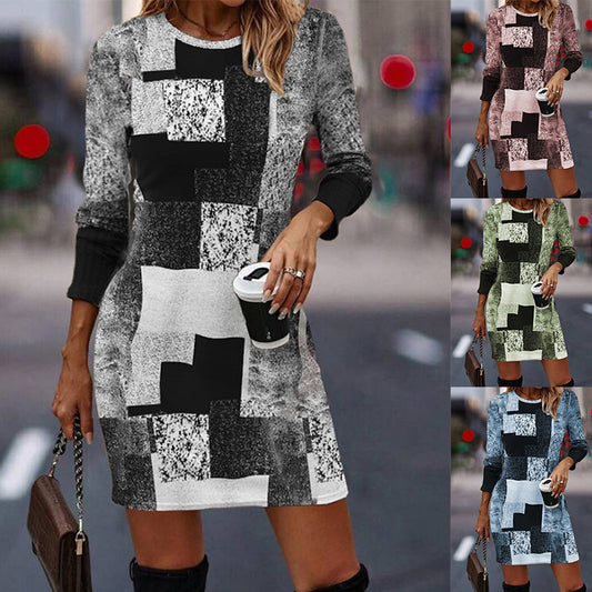 🔥💐【S-3XL】Ежедневна рокля с кръгло деколте и дълъг ръкав с цветни блокове