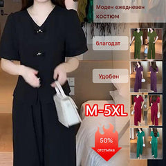 🌸【M-5XL】🔥【Тениски + широки панталони】Модерни дрехи, изработени от ледена коприна 2026