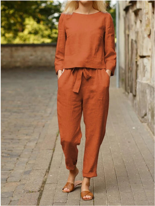 Стилен комплект от две части от памук и лен с кръгло деколте