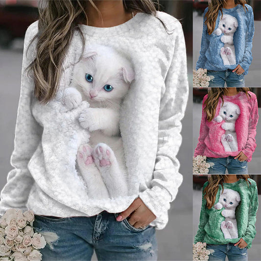 💐【S-5XL】Дамски суитшърт с дълъг ръкав, щампа на котка и кръгло деколте