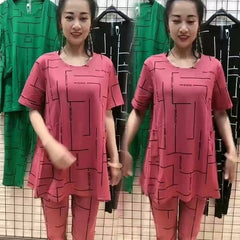【Топ + Панталон】Дамски комплект с къс ръкав, ново поступление 2026 г., ежедневен стил, подходящ за жени на средна и по-възрастни жени