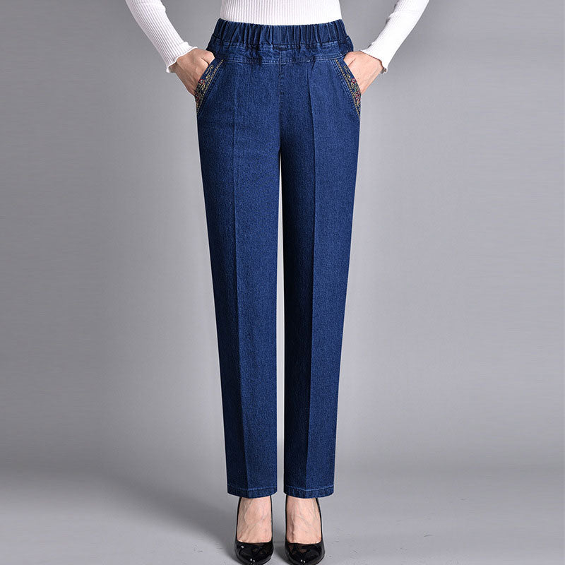 🔥【XL-5XL】👖👖Дамски прави ежедневни еластични дънки (50-90 кг)