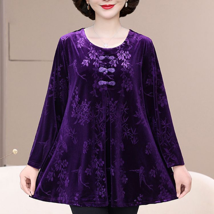 🔥【50% ОТСТЪПКА】【XL-6XL】Нов елегантен кадифен топ с ретро принт за есен/зима