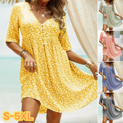 🔥Намаление 40% + Наложен платеж🔥👗【S-3XL】Нова дамска рокля с флорален принт, V-образно деколте и къс ръкав