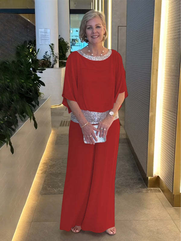 🥰【S-3XL】Нов комплект панталон с широки крачоли и кръгло деколте, пайети и цветни блокове от 2026 г.