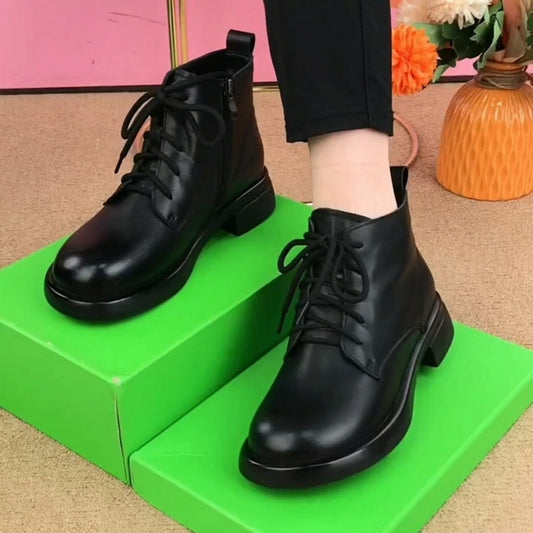 🎉👞Дамски естествена кожа елегантни модни ежедневни ботуши с плоска подметка и заоблени върхове Dr. Martens