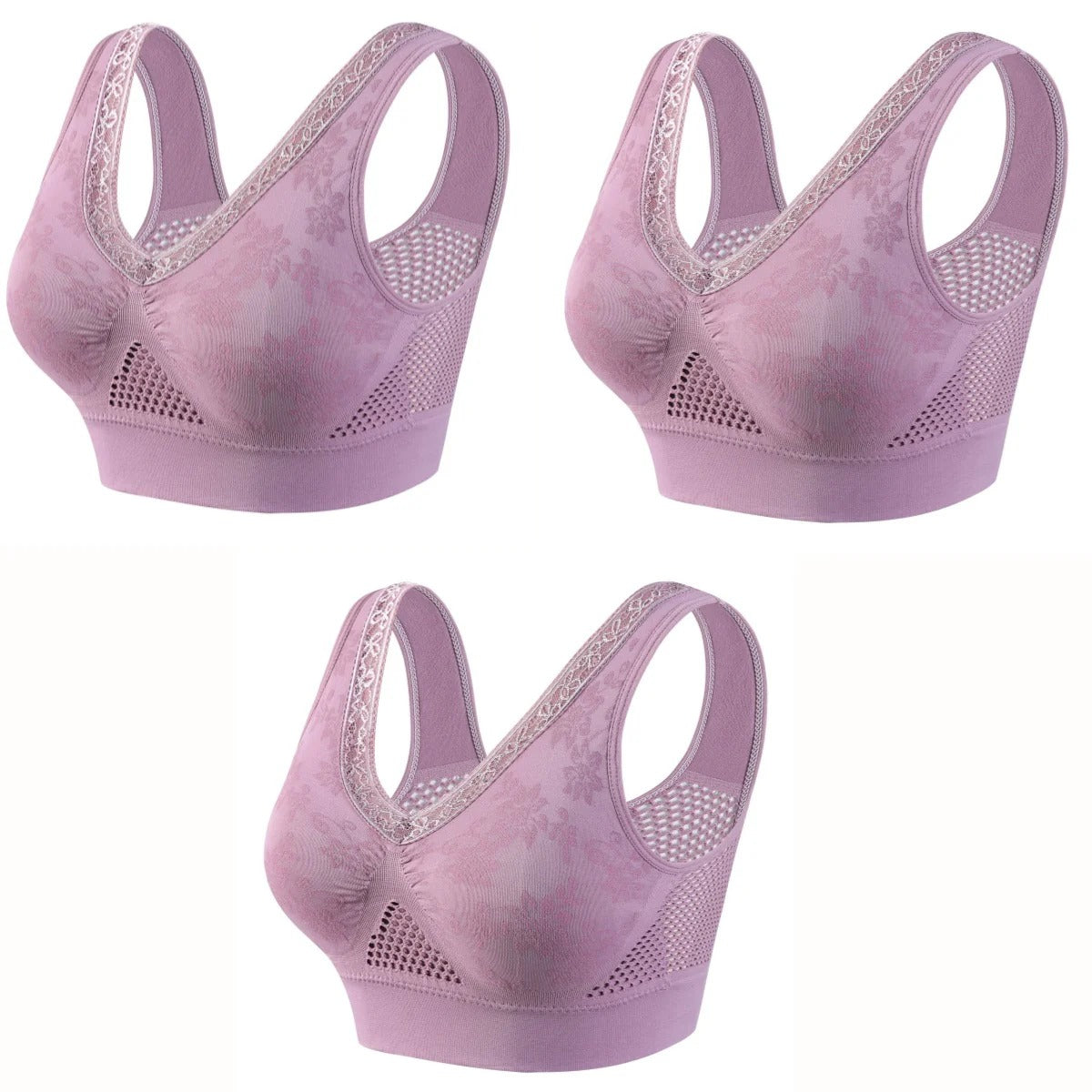 💕【40–120 kg】【3 dalių komplektas】✨ Aukštos atramos nėriniuota liemenėlė be lankelių