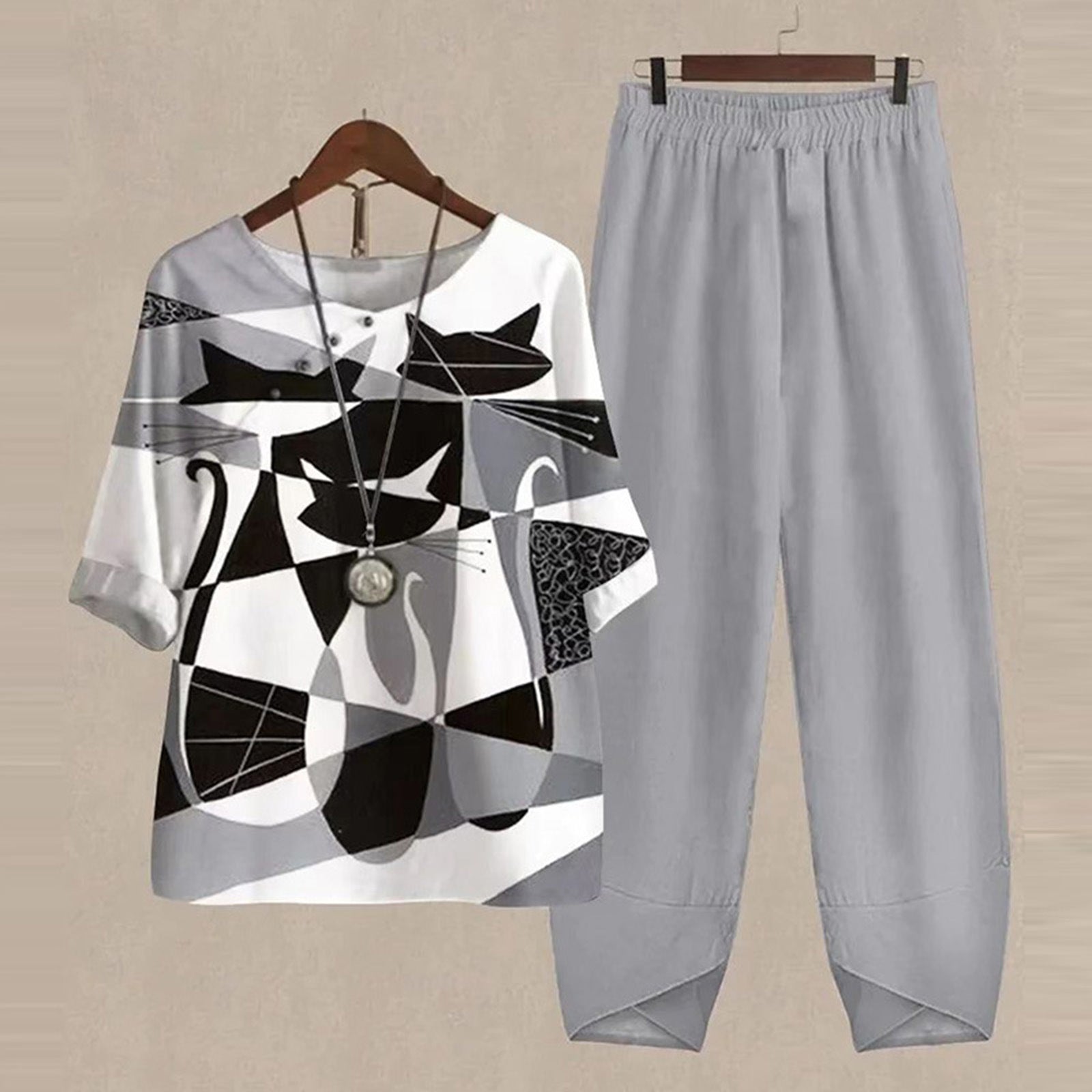 🔥🔥【50% ОТСТЪПКА】[M-5XL] Двукомпонентен моден ежедневен комплект, блуза с принт + панталони