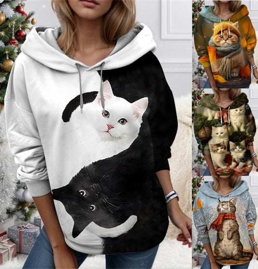 【50% отстъпка】🐱 Дамски суитшърт с 3D принт и мотив на котка и животно. Уникален дизайн, сладък модел