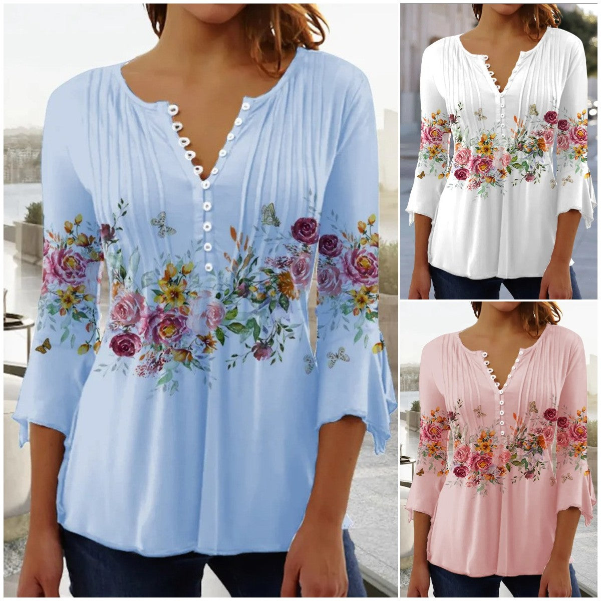 🔥Промоция – Намаление до 50%🌸【S-5XL】Елегантна дамска тениска с V-образно деколте и принт