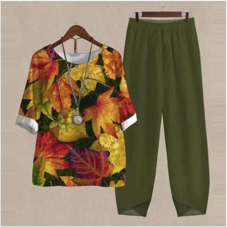 🔥🔥【50% ОТСТЪПКА】[M-5XL] Двукомпонентен моден ежедневен комплект, блуза с принт + панталони