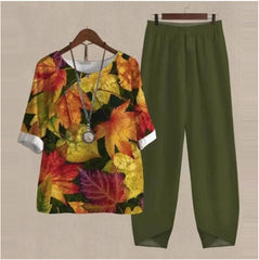🔥🔥【50% ОТСТЪПКА】[M-5XL] Двукомпонентен моден ежедневен комплект, блуза с принт + панталони