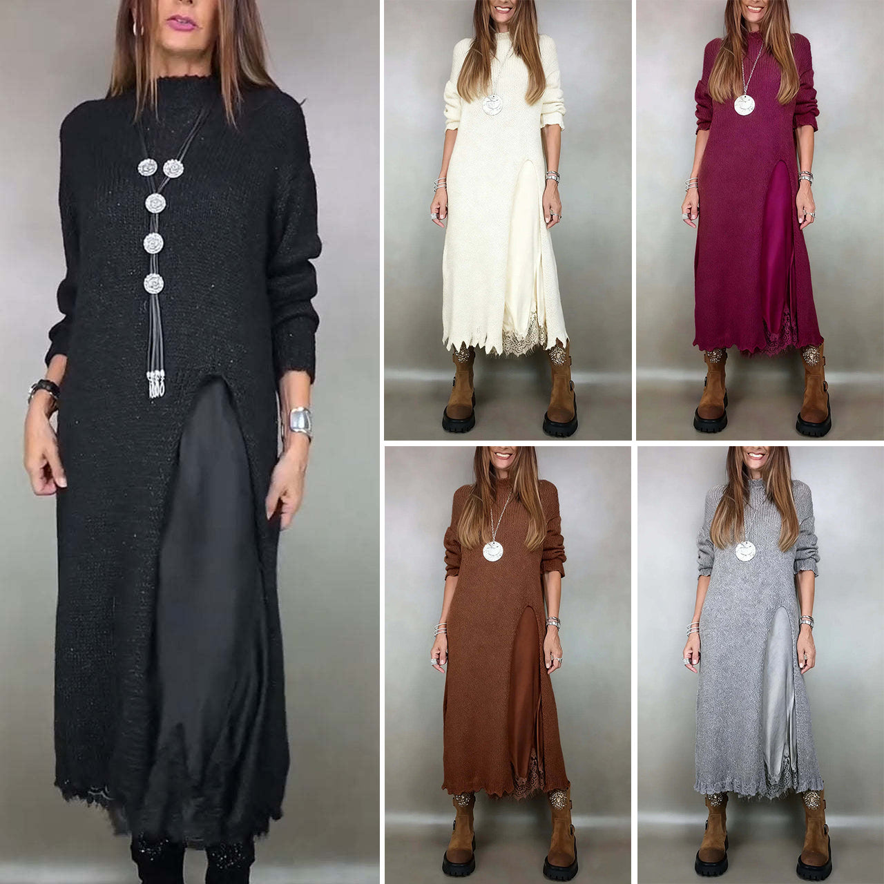 【XS-3XL】👗Нов комплект от дантела, дизайн с отвор, стил пуловер, рокля с презрамки + пуловер с отвор, 2 части