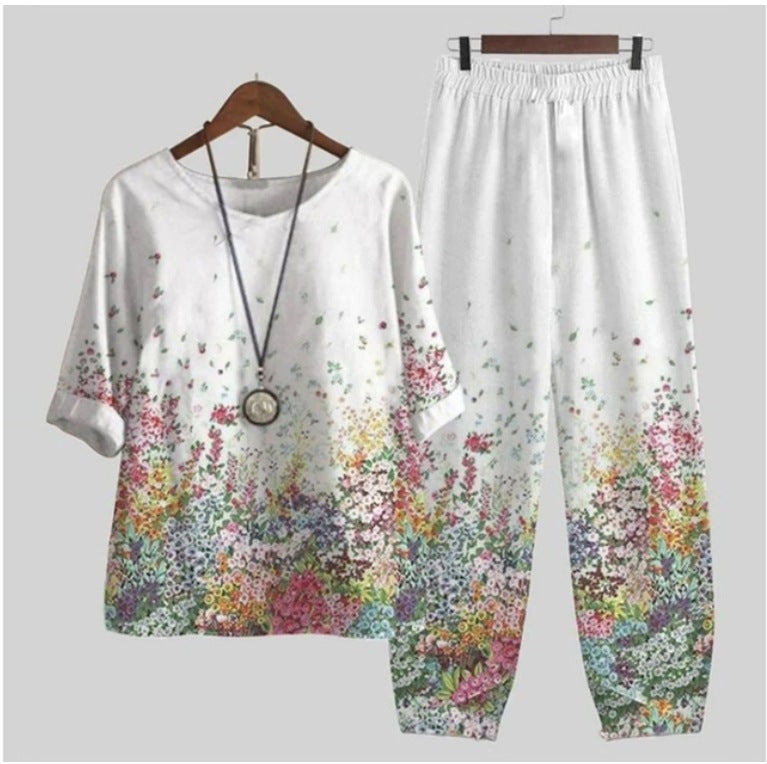 🔥🔥【50% ОТСТЪПКА】[M-5XL] Двукомпонентен моден ежедневен комплект, блуза с принт + панталони