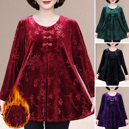 🔥【50% ОТСТЪПКА】【XL-6XL】Нов елегантен кадифен топ с ретро принт за есен/зима