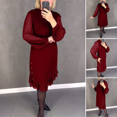 🔥50% OFF👗【S～5XL】Нова модна ежедневна едноцветна рокля с дълъг ръкав и широки волани
