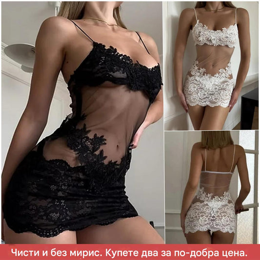 Секси, прозрачна, мрежеста рокля с бродирана дантела