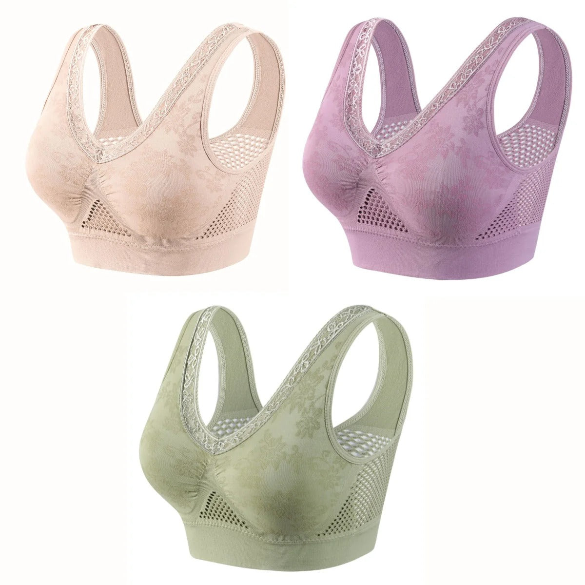 💕【40–120 kg】【3 dalių komplektas】✨ Aukštos atramos nėriniuota liemenėlė be lankelių