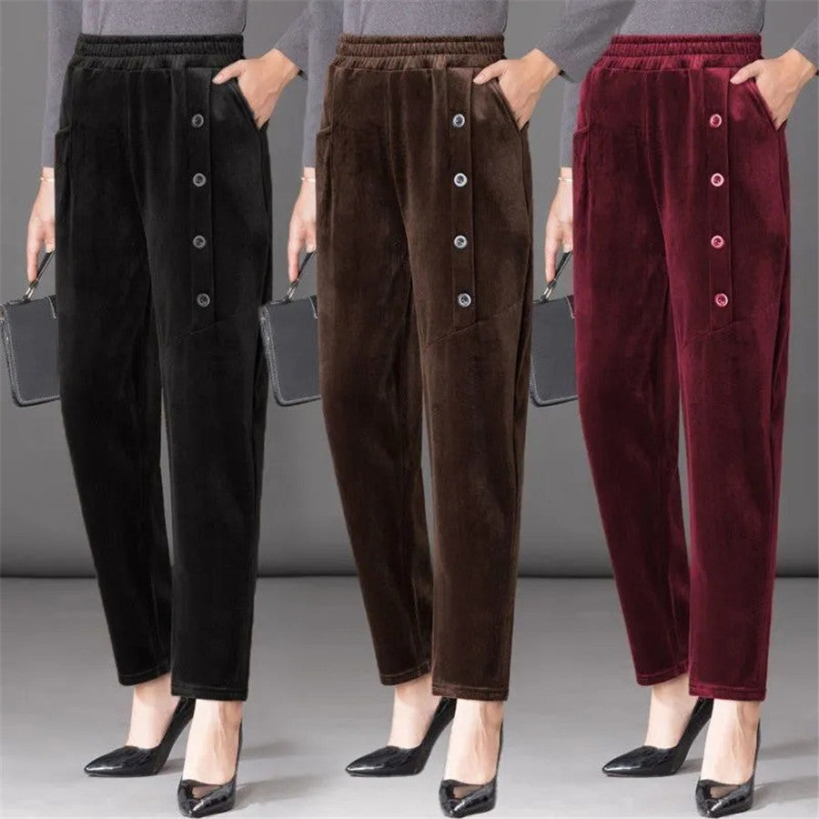 💕【50% ОТСТЪПКА】【XL-5XL】Есен/Зима Нови дамски кадифени панталони с катарама