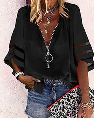 【S-2XL】Нова дамска риза с V-образно деколте и цип, полуразкроени ръкави с мрежеста кант, свободна ежедневна риза.