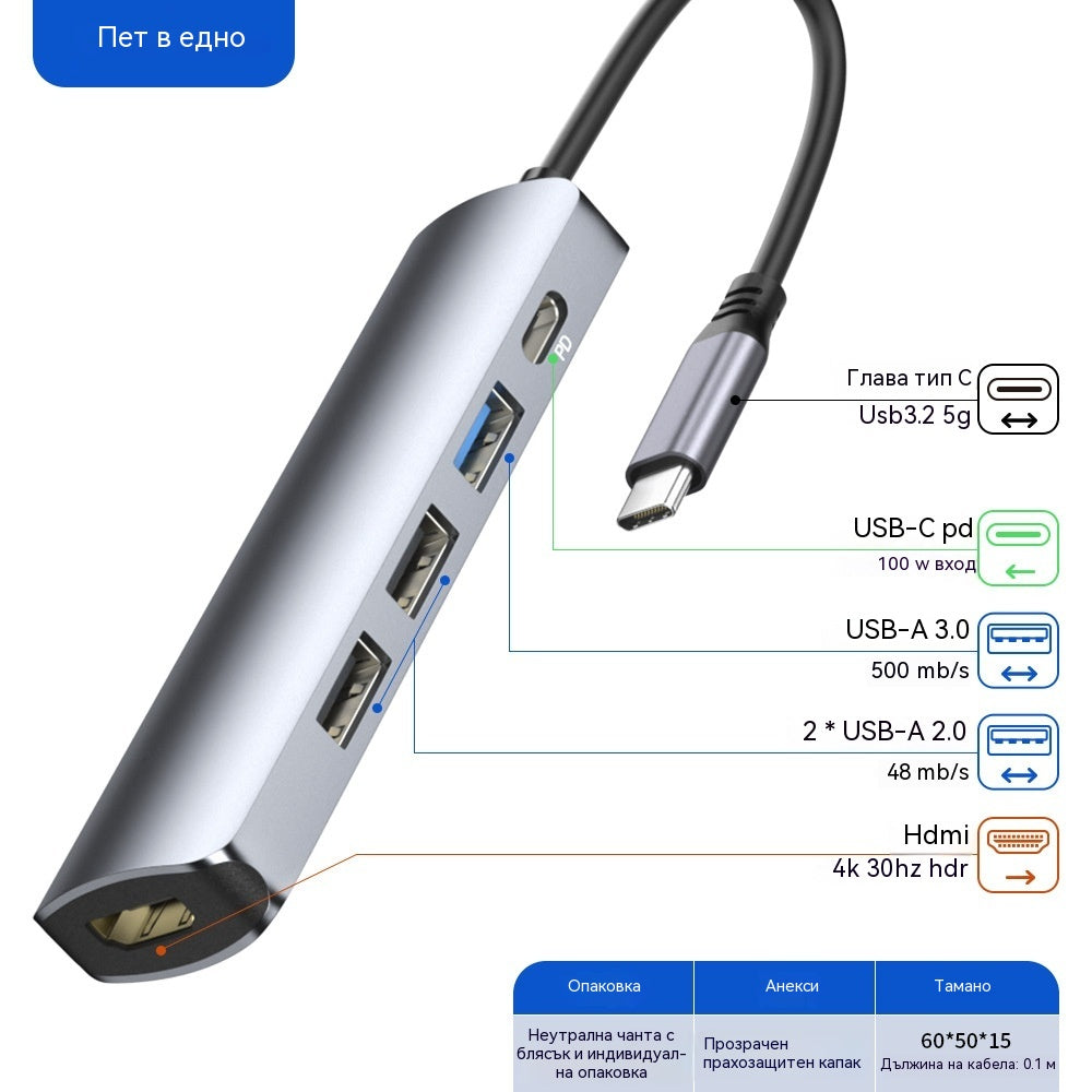 🔥【Ограничено време: 50% намаление!】🔌💻Преносим USB-C хъб 5 в 1 с 4K HDMI изход