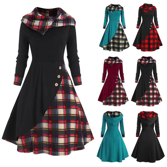 👗👗【50% ОТСТЪПКА】Дамска модна рокля с качулка и пачуърк от карета, елегантен и изтънчен дизайн