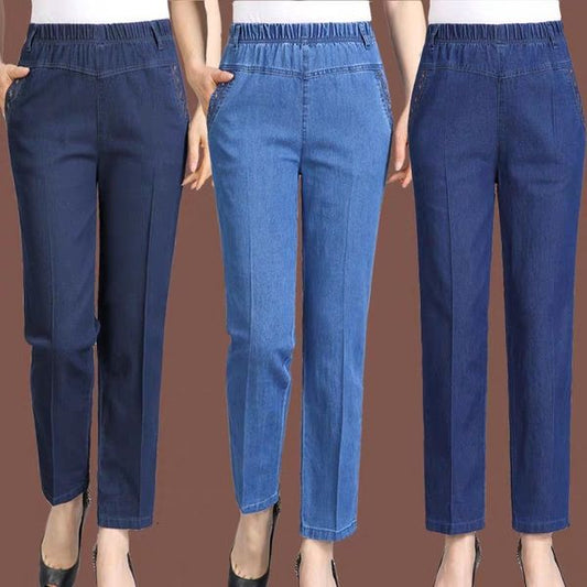 🔥【XL-5XL】👖👖Дамски прави ежедневни еластични дънки (50-90 кг)