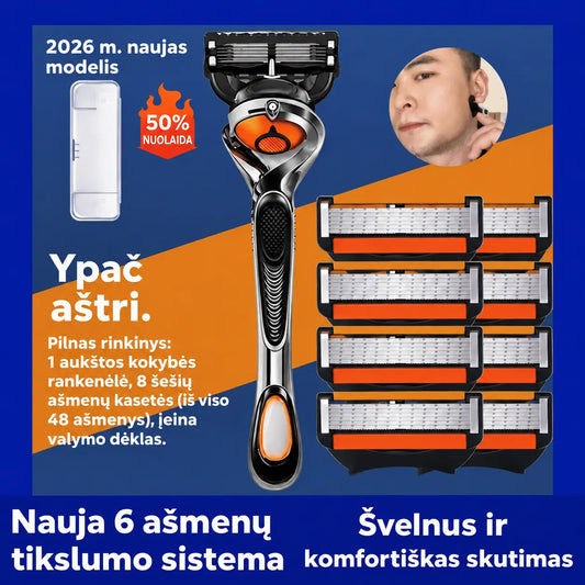 🔥[Riboto laiko pasiūlymas] Vyrų skustuvo keičiamų galvučių rinkinys + skustuvo stovas | Sklandus ir tikslus skutimasis 🪒✨