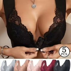 🔥Горещи продажби – Комплект от 5 части🔥【40-110KG】😍Дамски сутиен с предно закопчаване, отличен повдигащ и оформящ ефект, елегантен дантелен дизайн, удобен и изискан
