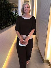 🥰【S-3XL】Нов комплект панталон с широки крачоли и кръгло деколте, пайети и цветни блокове от 2026 г.